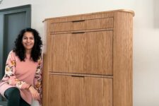 a gorgeous IKEA Hemnes shoe cabinet hack with pole wrap and a fluted texture is a super elegant idea for a modern space