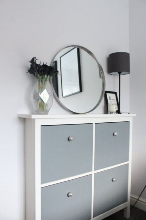 a stylish modern IKEA Hemnes cabinet hack in slate grey and with tiny and cute knobs of a pearly shade