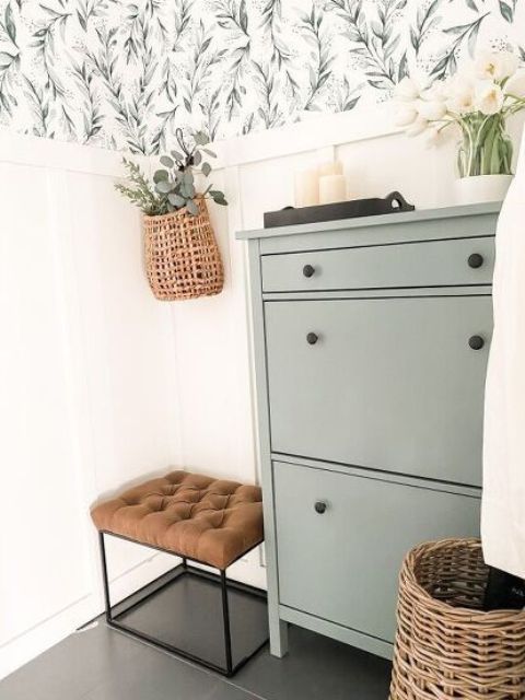 an olive green IKEA Hemnes shoe cabinet makeover with black knobs is a perfect modern, modern farmhouse or Scandinavian piece