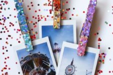 DIY glittered clothespins for photos in the locker