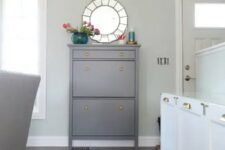 paint your IKEA Hemnes shoe cabinet in grey and add metlalic knobs to make it look more stylish and catchy
