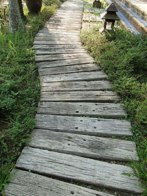 25 Catchy And Cozy Wooden Garden Paths, Wood Garden Pathway