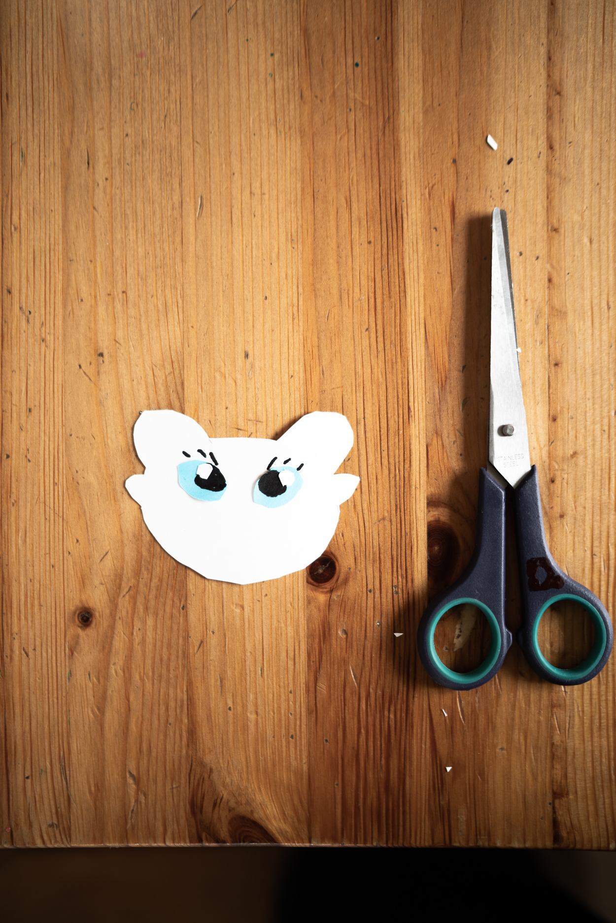 Draw and cut off a head out of white paper, add bright blue eyes using a glue stick. Take a black sharpie and draw the apples of the eyes, then add specks of white paper and eyelashes