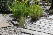 20 a neutral wooden garden path with matching gravel looks relaxed, casual and very cool