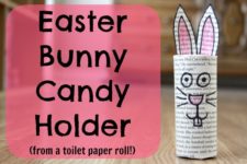 DIY recycled Easter bunny candy holder of a toilet paper roll