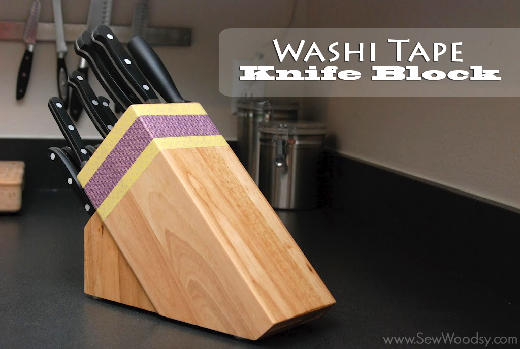 DIY wooden knife block decorated with washi tape