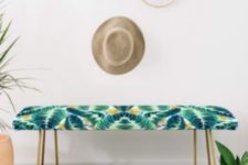 05 a tropical leaf printed bench with brass legs is an ultimate idea for a boho chic entryway