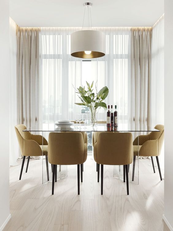 a glass dining table with glass legs seems really ethereal and lightweight, it seems floating in the air