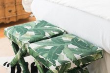 08 tropical leaf fabric upholstered stools will create a bold and bright accent in your space and add glam