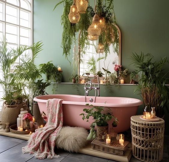 a boho oasis with a green accent wall, a pink clawfoot tub, lots of potted greenery, candles and woven pendant lamps