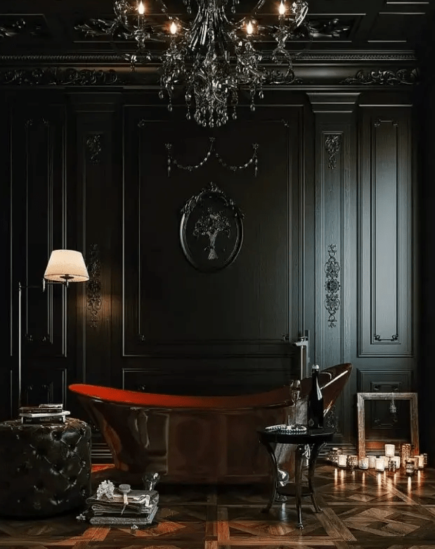 a fantastic Gothic bathroom with black molding on the walls, a polished metal tub, a parquet floor, black refined furniture, a black chandelier