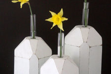 DIY faceted bud vases of wooden blocks and test tubes