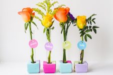 DIY colorful concrete and test tube vases with name cards