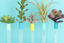 DIY color accented test tube bud vases in a wooden holder