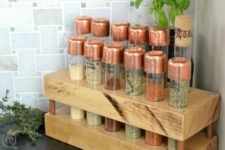 DIY polished wood spice rack with test tubes and copper lids