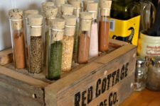 DIY rustic wooden box with test tubes to hold your spices