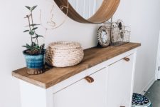 DIY boho IKEA Hemnes shoe cabinet hack with a wooden countertop
