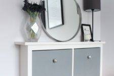 DIY elegant Hemnes shoe cabinet hack with grey paint and new knobs