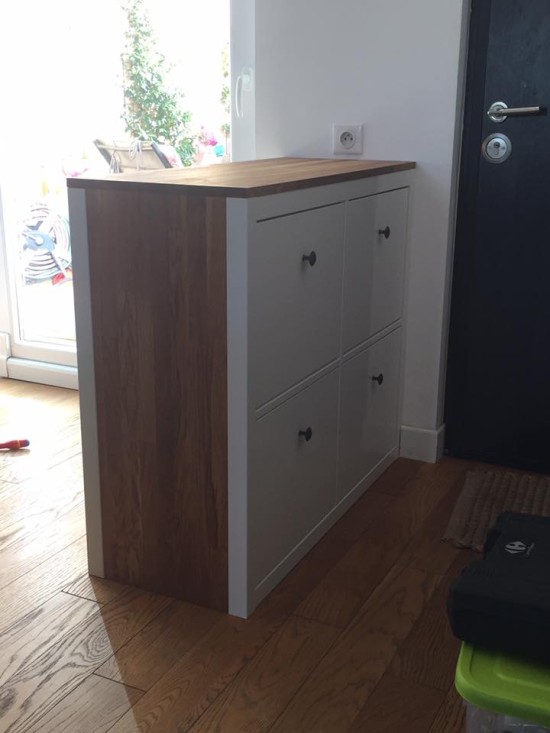 DIY double sided IKEA Hemnes shoe cabinet with a wooden countertop (via undefined)