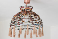 DIY wire basket and colorful wooden beads plus tassels lamp
