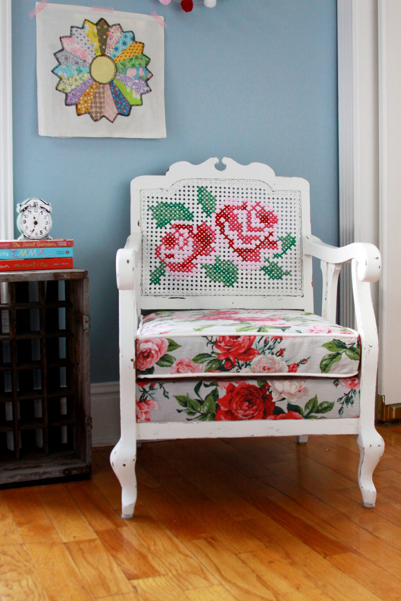 DIY renovated cane chair with an embroidered back