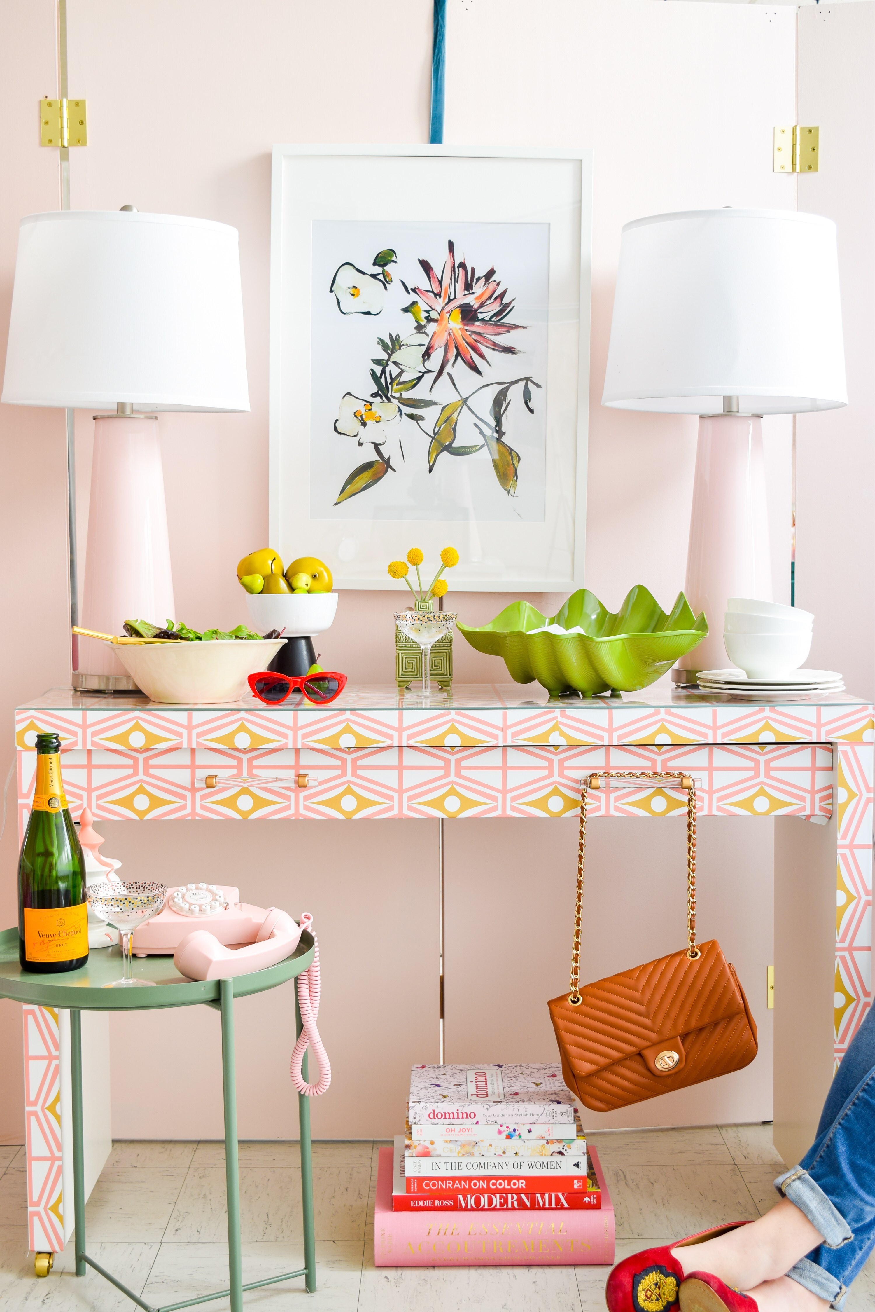 DIY IKEA makeup table hack with bright wallpaper