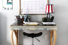 DIY desk improvement with shabby-inspired wallpaper in blue