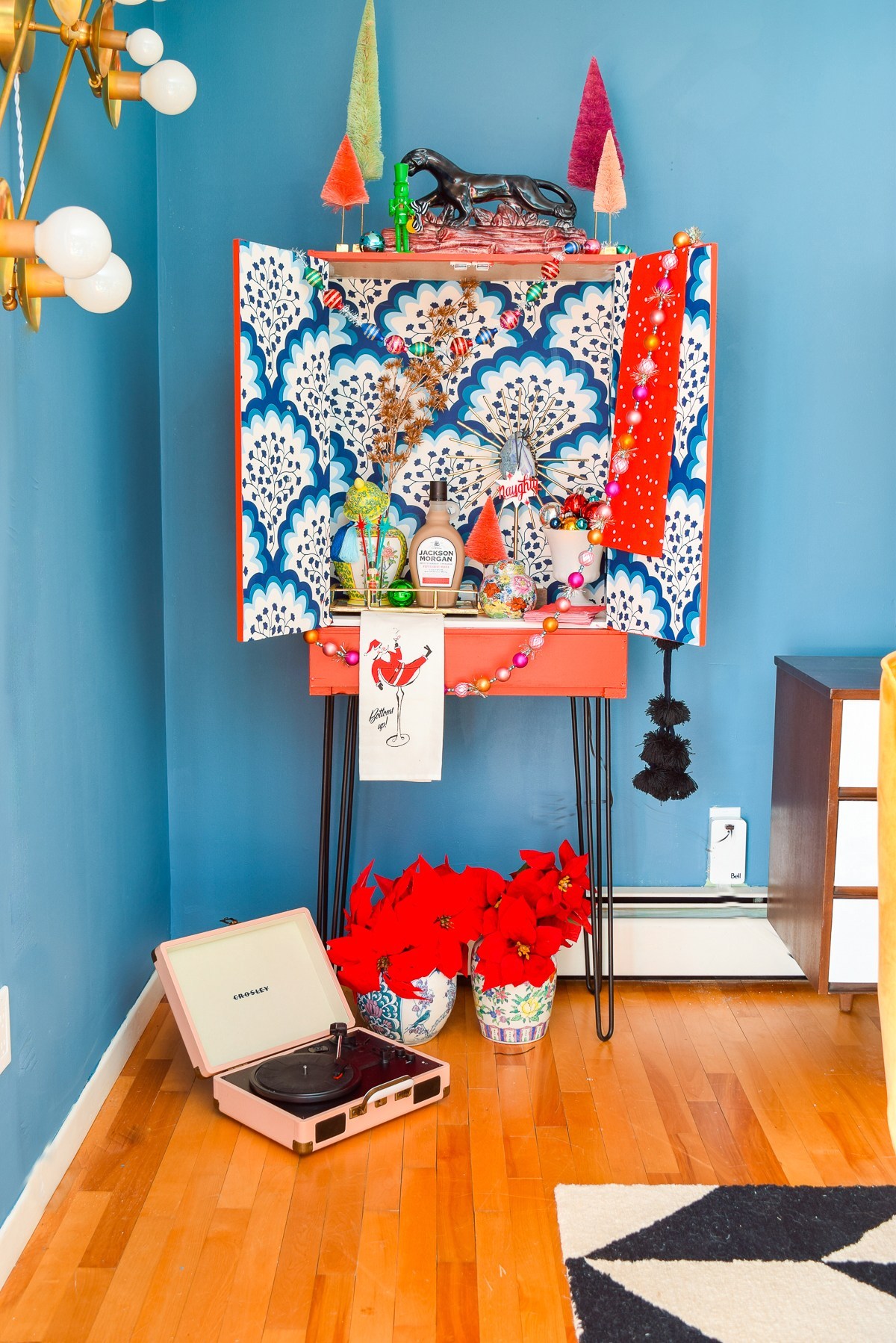 DIY super colorful mid century modern cabinet makeover with wallpaper