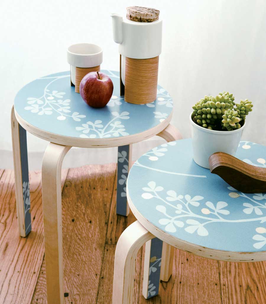 DIY wallpaper side table of plain IKEA stools