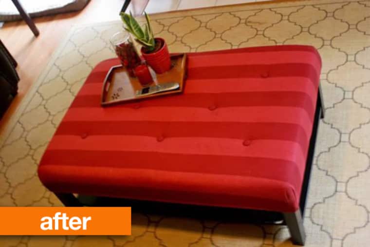 DIY bright striped ottoman of an IKEA Lack table (via www.apartmenttherapy.com)