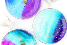 DIY galaxy gradient glass plates with gold splatters and a gold edge