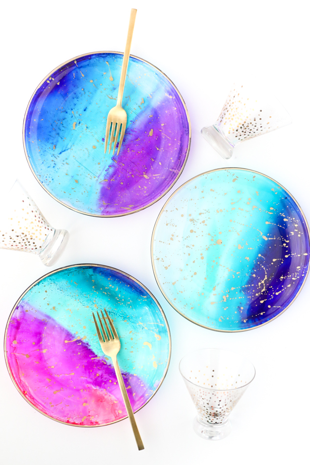 DIY galaxy gradient glass plates with gold splatters and a gold edge