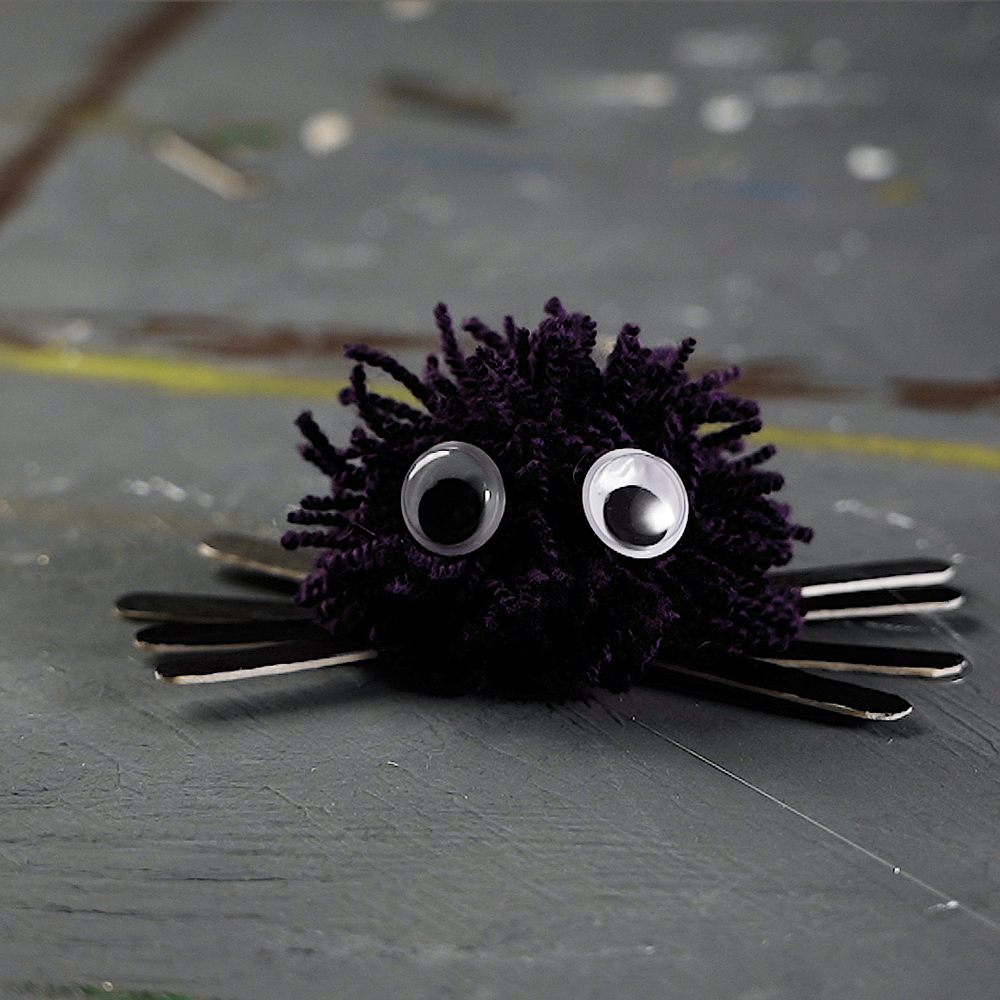 Attach legs made from ice cream sticks: draw them black with a sharpie, then cut the excess with scissors and hot glue them to each other using a hot glue gun. Hot glue your pompom on top and attach googly eyes.