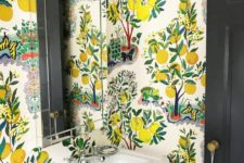 10 citrus print wallpaper is a very catchy and bold idea for a summer-inspired powder room or bathroom