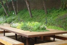 11 a weathered wood dining table with a planter with greenery in the center plus wooden benches for outdoors
