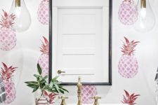 14 a fun and whimsy powder room with pink pineapple print wallpaper feels summer-like
