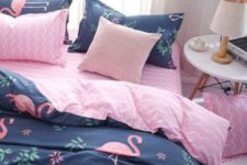 17 a bright bedding set in navy and pink with a flamingo print is a gorgeous idea for summer
