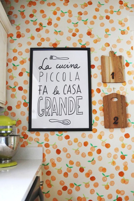 vintage-inspired fruit print wallpaper for a mid-century modern decor with a fun touch in your kitchen
