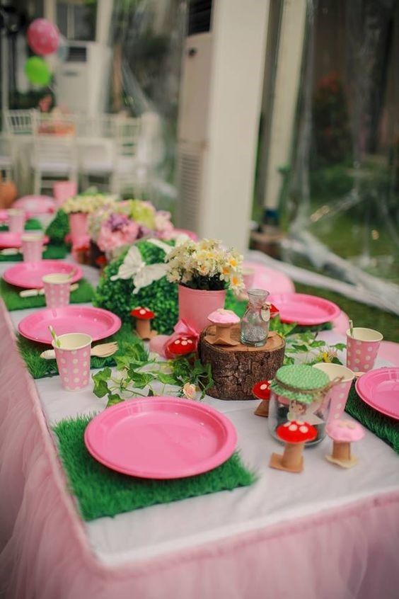 Fairy Garden birthday party is always a cute  idea, you'll need blooms and whimsy mushrooms for decor