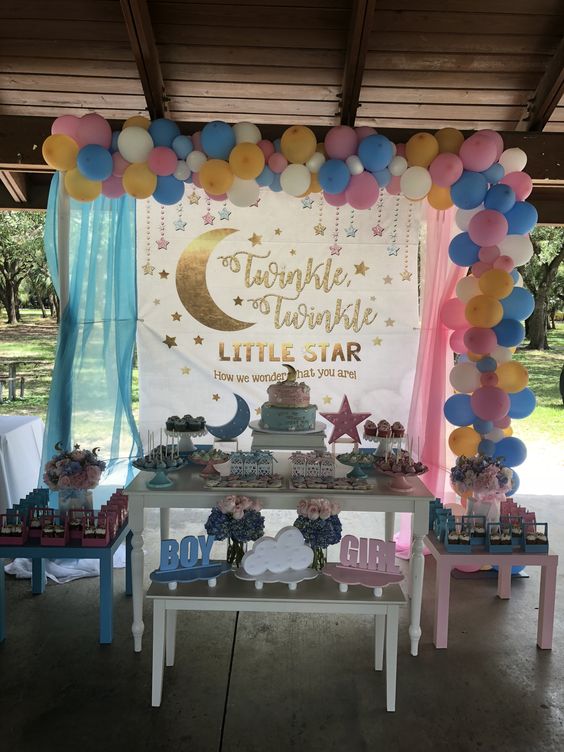 Twinkle Twinkle Little Star is a great idea to reveal the gender, rock pink and blue or some other color combo you enjoy