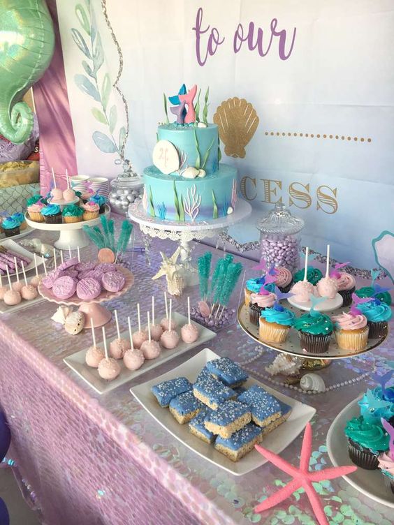 a bright dessert table done for a Little Mermaid birthday party in blues and pink shades