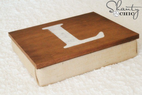 DIY rustic burlap and wood lap desk with a monogram (via www.shanty-2-chic.com)