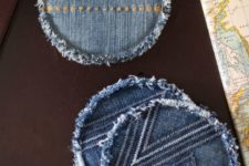 DIY coasters of old jeans with seams and fringe