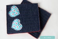 DIY dark denim coasters with quilted hearts