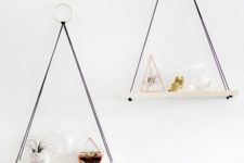 DIY boho hanging shelves with rings and black cords