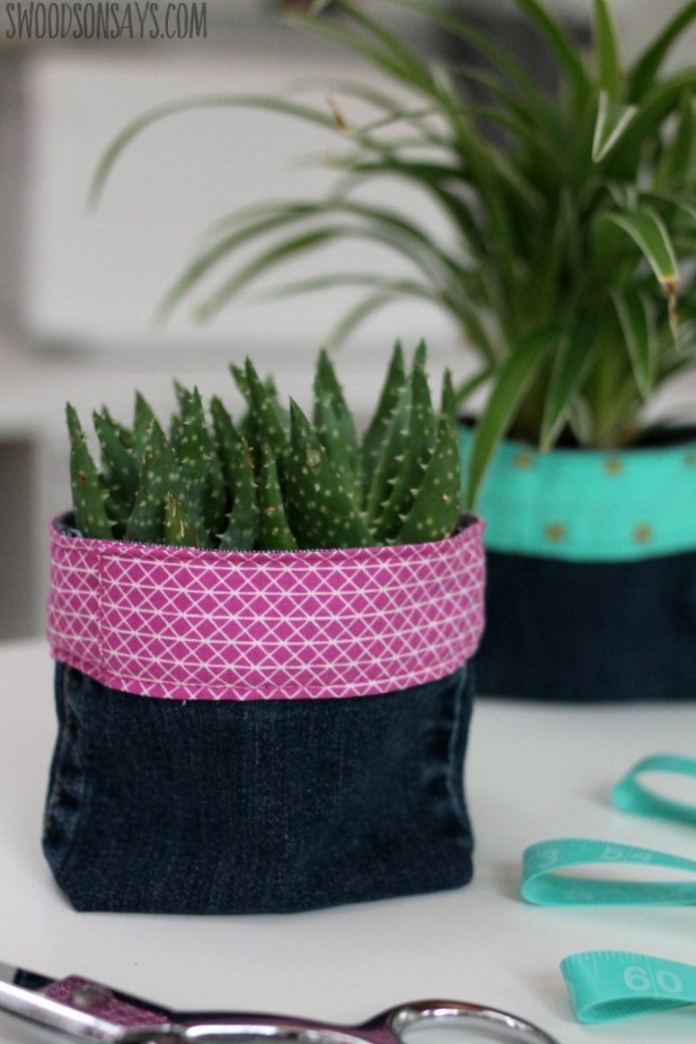 DIY upcycled denim planter with a bright touch (via swoodsonsays.com)
