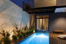 a bold outdoor tropical space with a long and narro wpool with lights, a wooden deck, growing plants and lights is cool