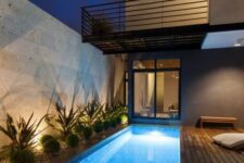 a bold outdoor tropical space with a long and narrow pool with lights, a wooden deck, growing plants and lights is cool