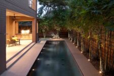 a contemporary landscape with growing plants and trees, a lonw and narrow pool with built-in lights