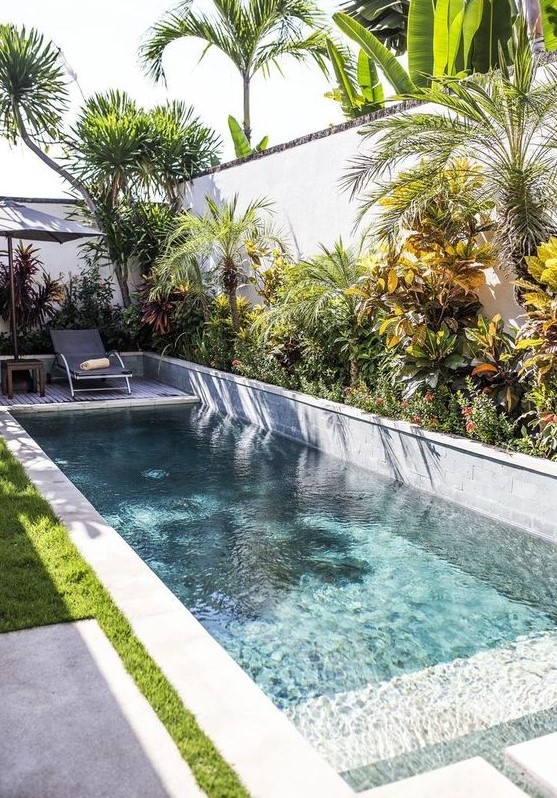 a lush tropical garden, a couple of loungers and a small and narrow pool clad with mosaic tiles